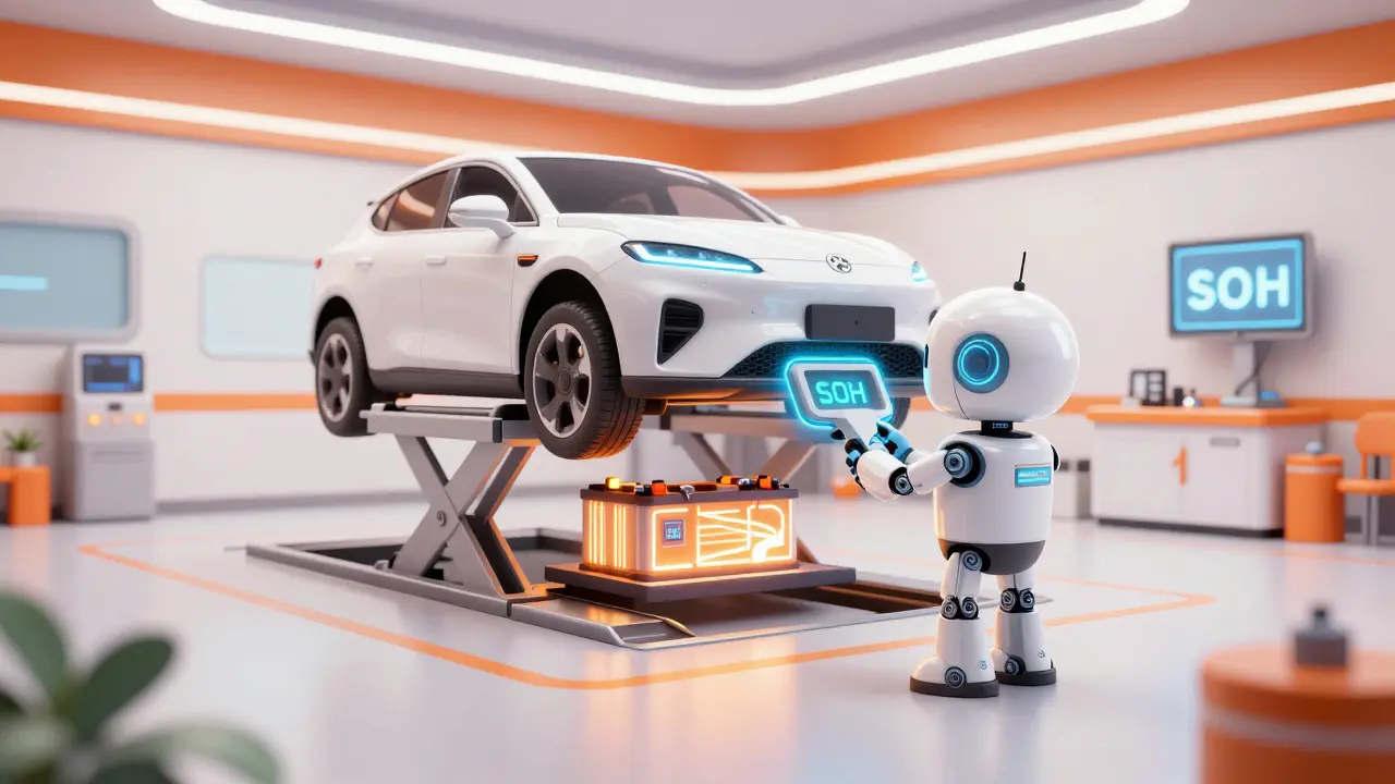 Робот-техник проверяет состояние батареи электромобиля в современном сервисе