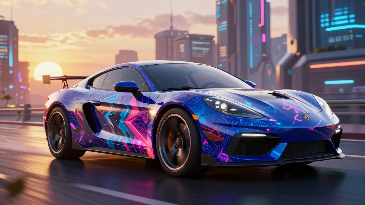 Роскошный автомобиль с уникальной аэрографией на фоне вечернего города