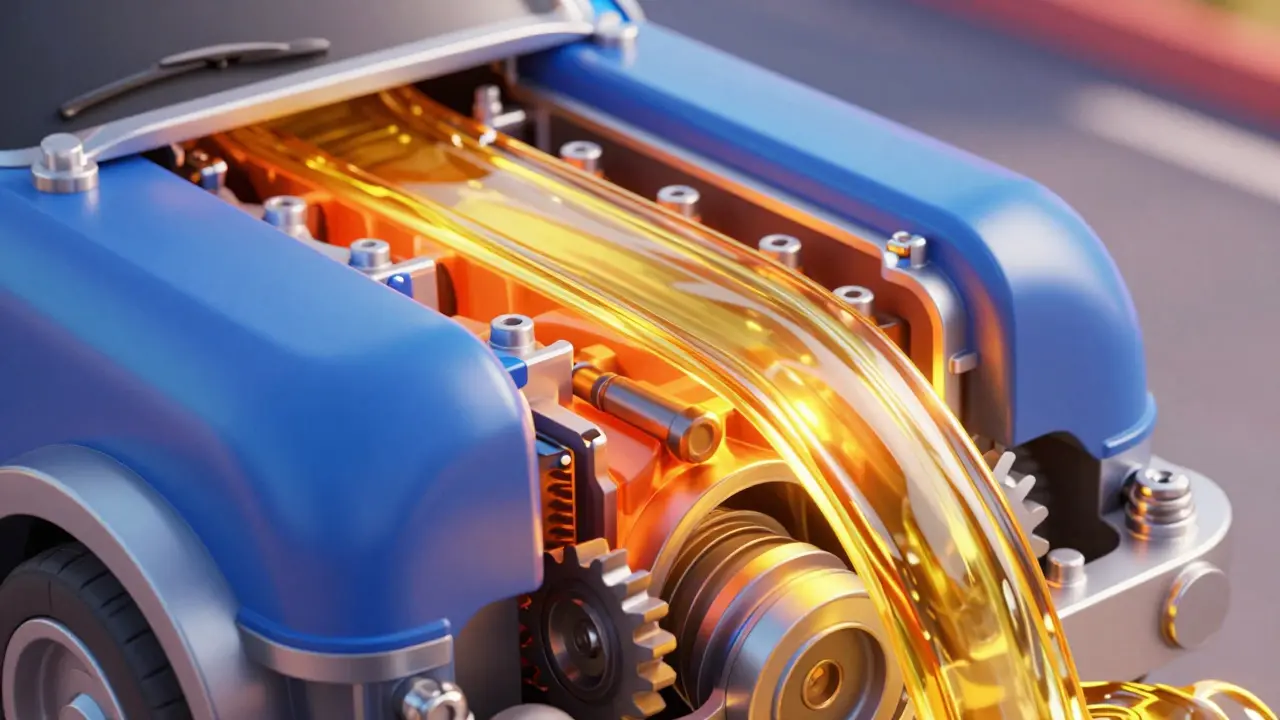 Схематичное изображение двигателя с защитной золотистой пленкой моторного масла