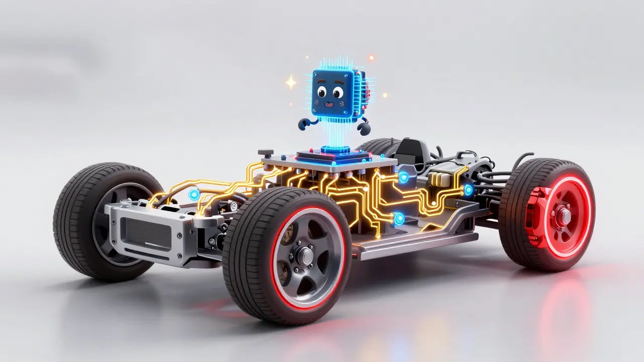 Схематичное изображение работы датчиков и тормозов системы ESP