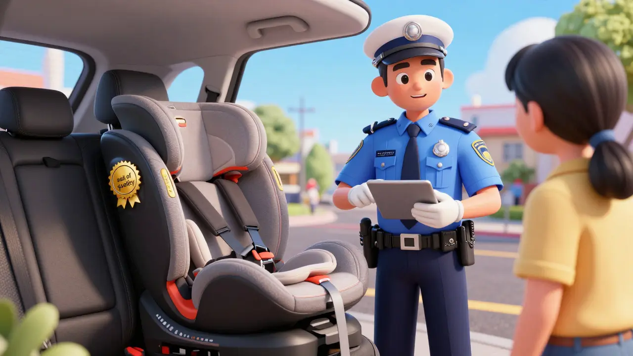 Сотрудник ГИБДД и правильно установленное детское автокресло в машине