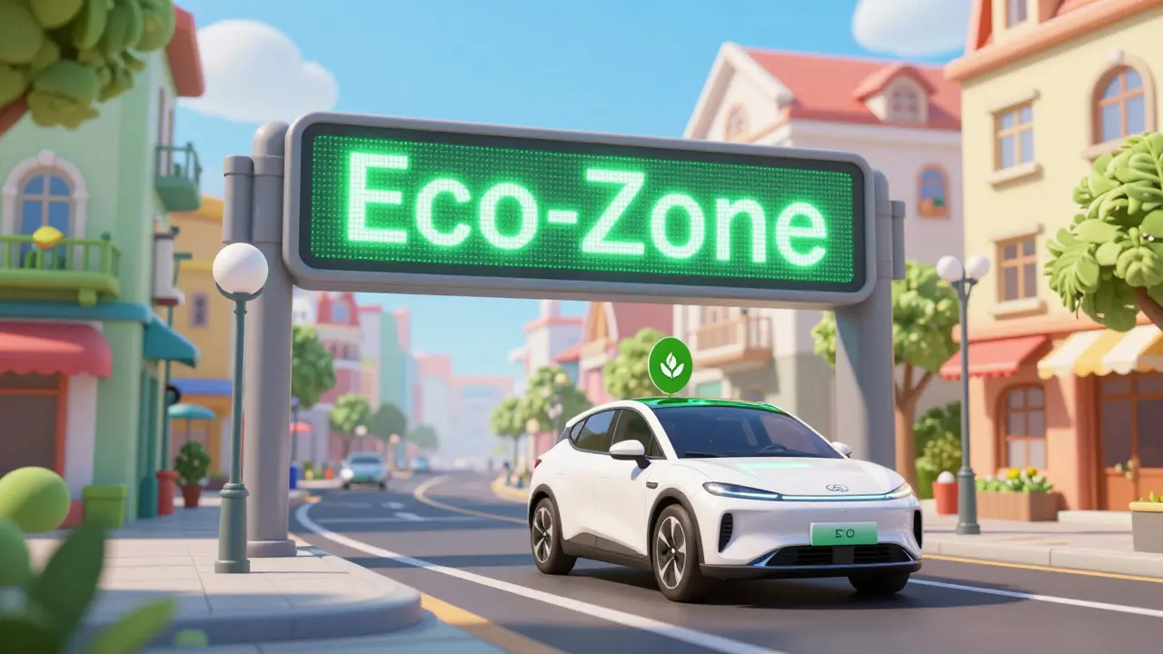 Современный электромобиль с зеленой наклейкой въезжает в экозону города