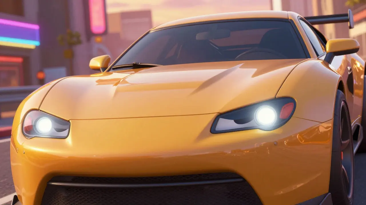 Спортивный автомобиль с декоративными ресничками на фарах на фоне ночного города