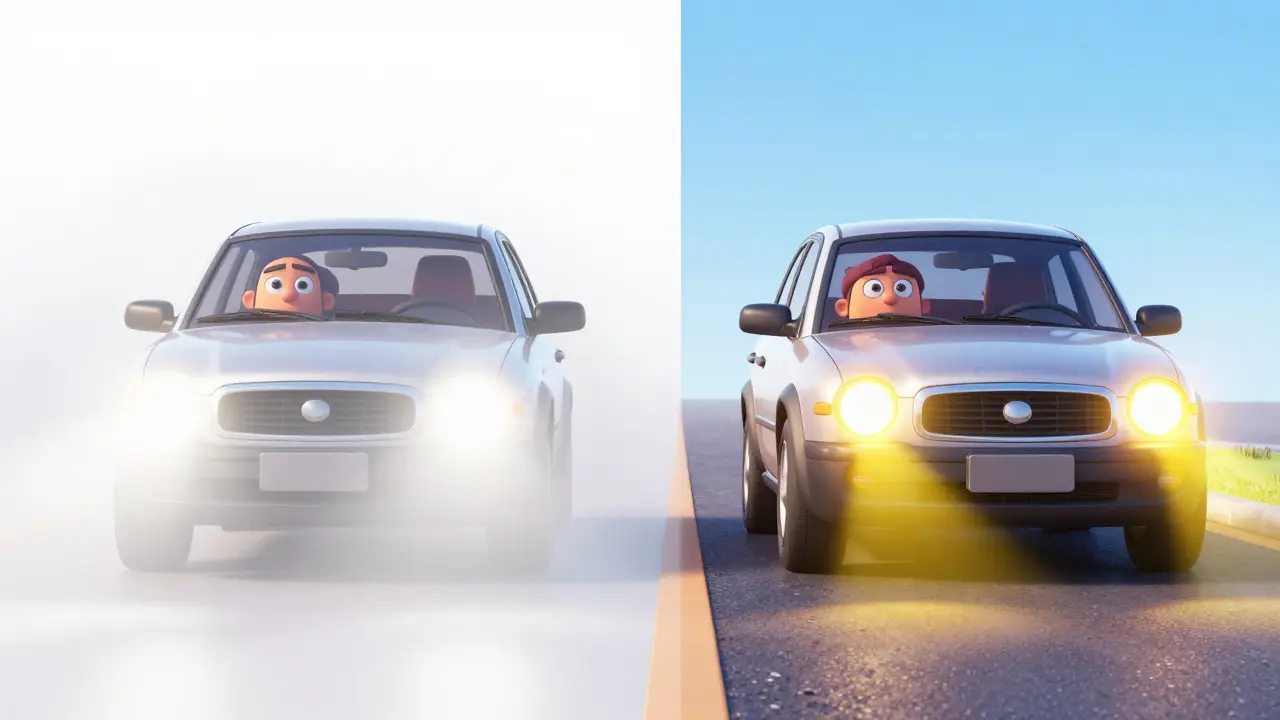 Сравнение эффекта дальнего света и противотуманок в тумане: слепящая стена против видимой дороги.