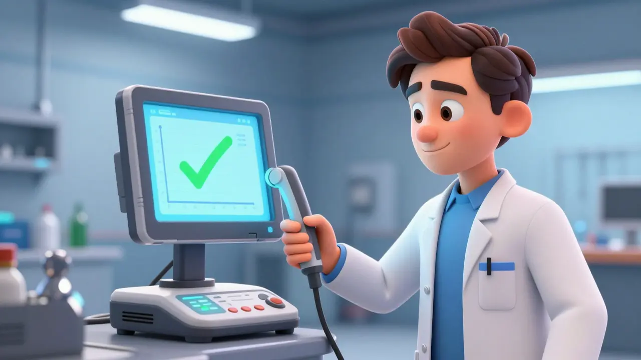 Техник проводит компьютерную диагностику трансмиссии автомобиля