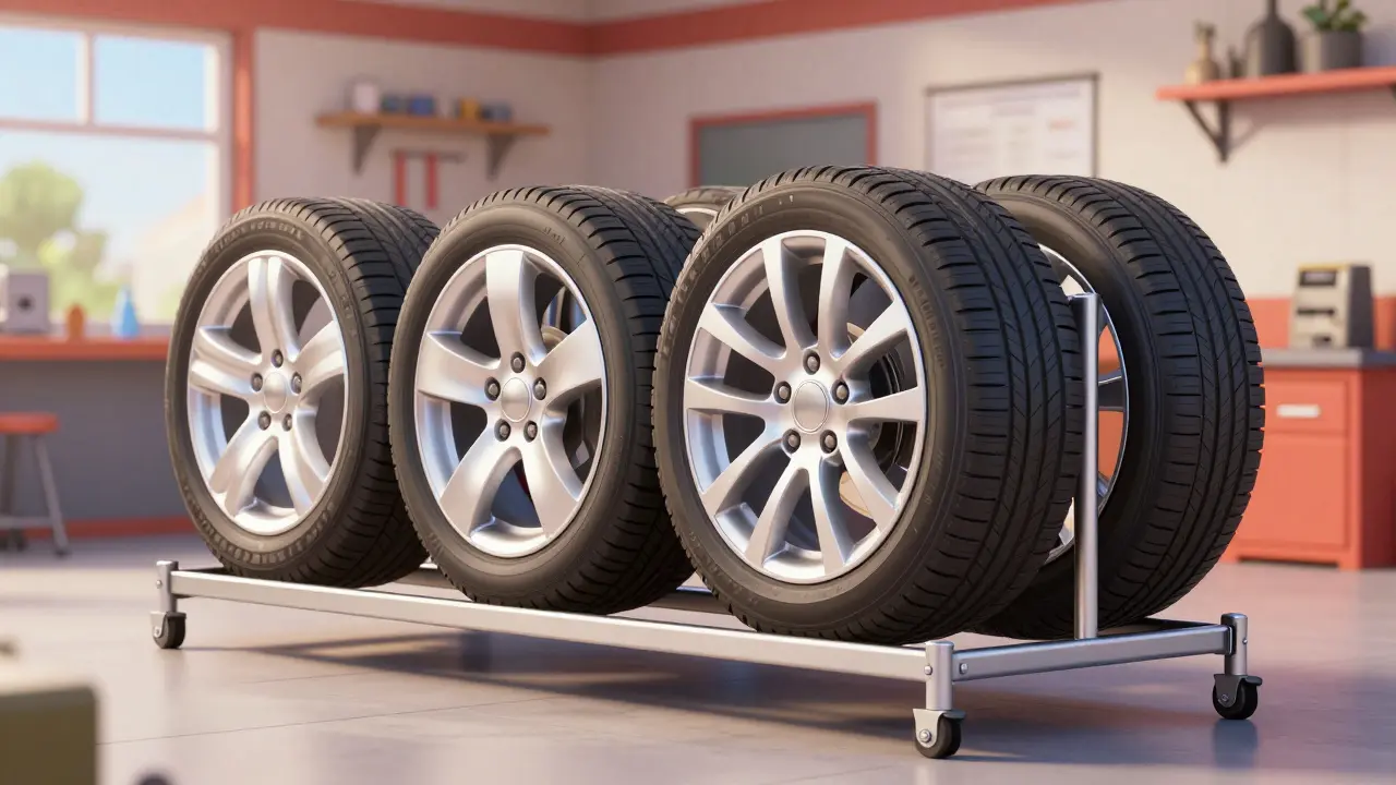 Вертикальное хранение колес на специальных металлических стойках