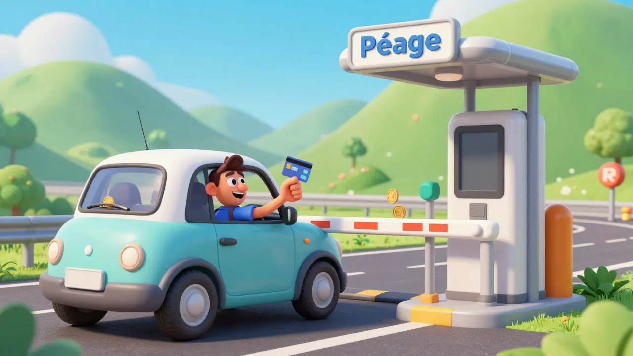 Водитель оплачивает проезд на шлагбауме платной дороги в Европе