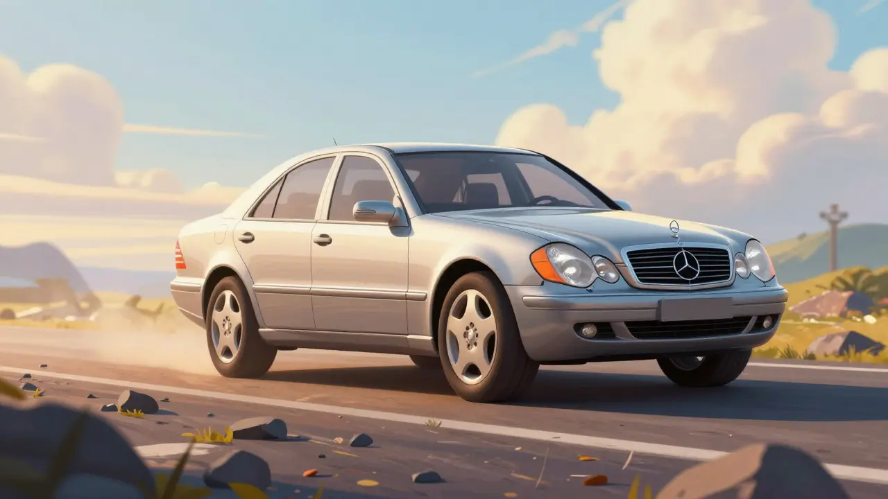 Мерседес W140 плавно едет по неровной дороге