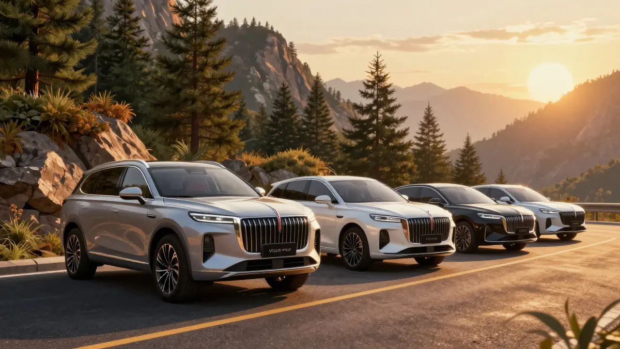 Премиальные автомобили Voyah и Hongqi на горной дороге на закате