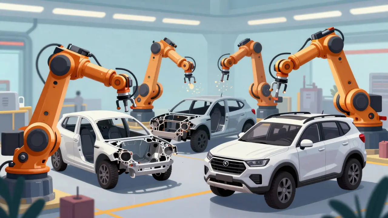 Роботы собирают разные автомобили из общих деталей на конвейере в ярком мультипликационном стиле