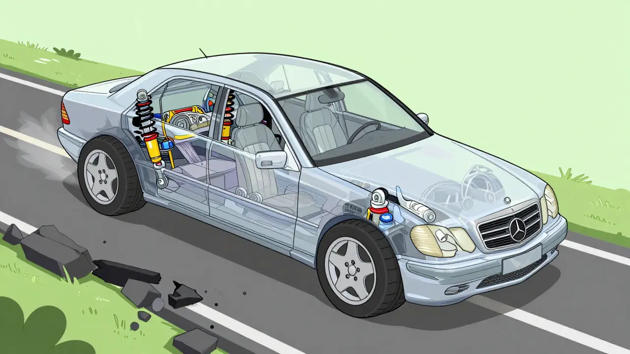 Стилизованная иллюстрация подвески и шасси Mercedes W140 в движении
