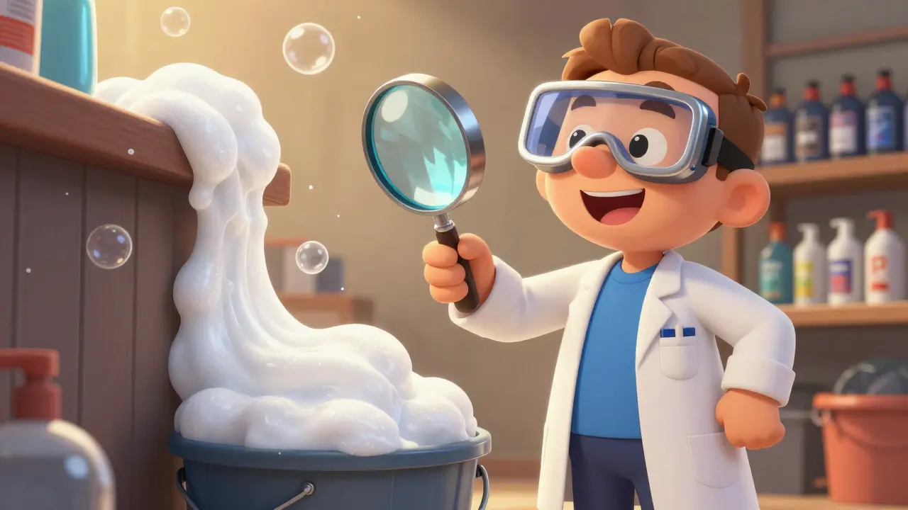 Веселый механик проверяет качество пены увеличительным стеклом в стиле DreamWorks