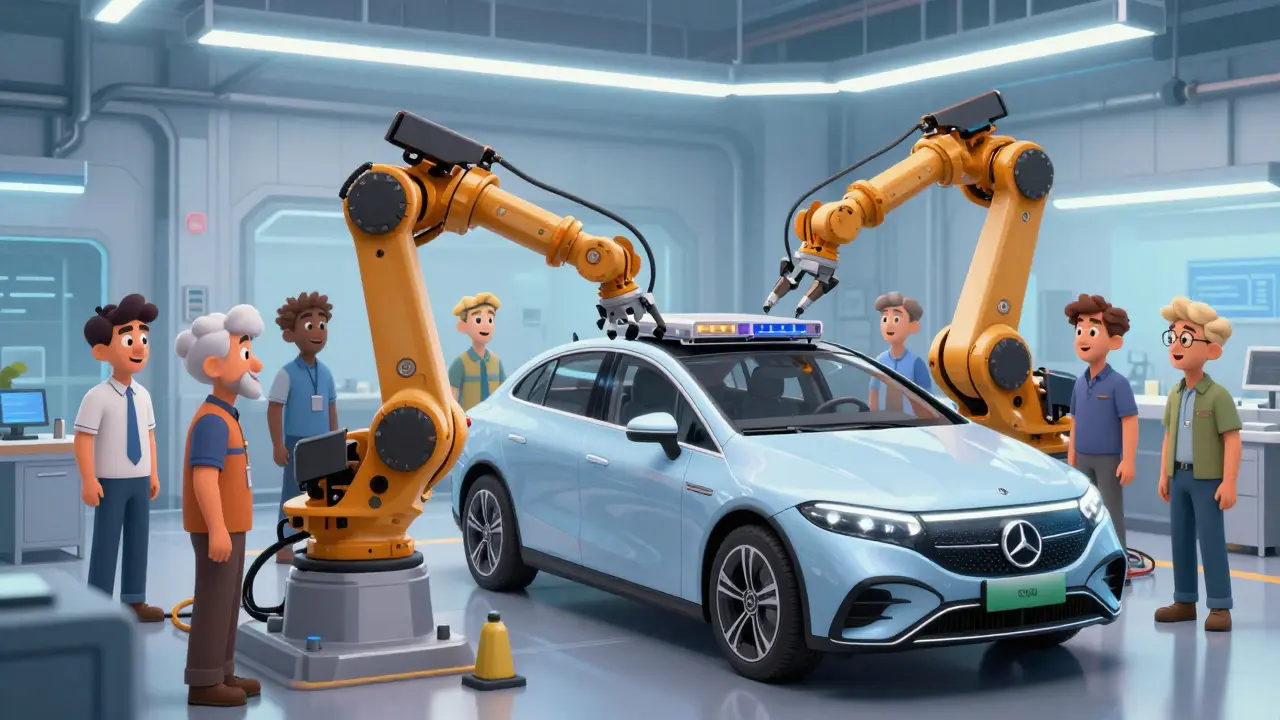 Анимированная сцена сборки батарей на заводе Mercedes-EQ с роботами