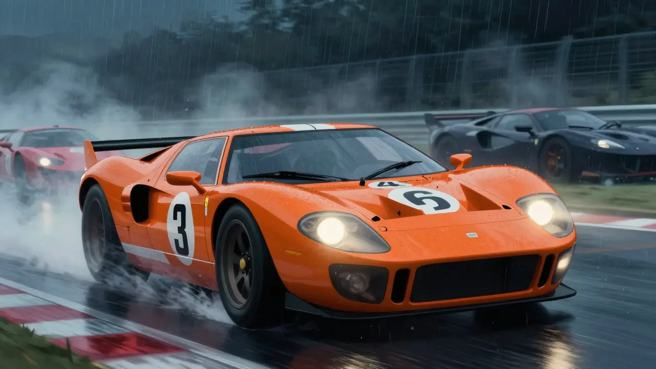 Оранжевый Форд GT40 гонится под дождем на трассе Ле-Ман