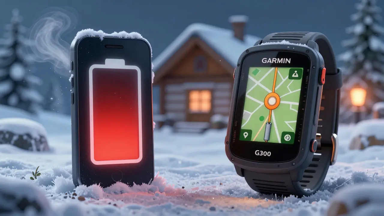 Сравнение разряженного смартфона и работающего GPS-навигатора в снегу