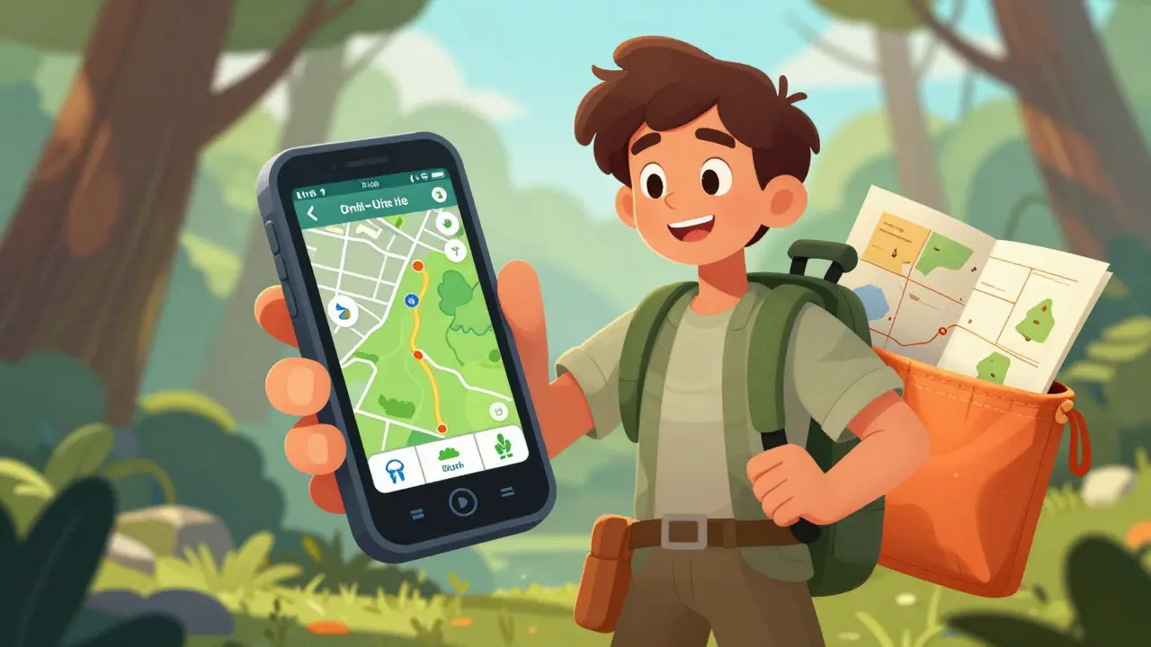 Турист использует смартфон, GPS и бумажную карту для безопасной навигации