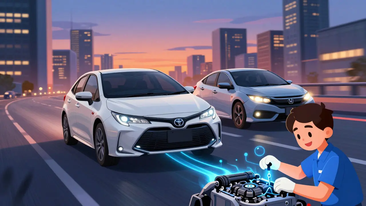 Японские автомобили Toyota и Honda в современном Токио, мультяшный стиль