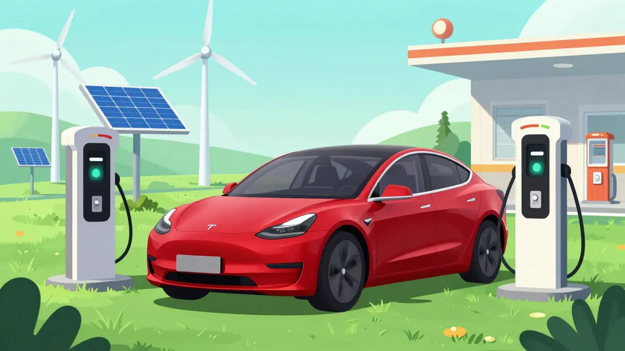 Электромобиль Tesla на зарядке в экологичном будущем, анимационный стиль