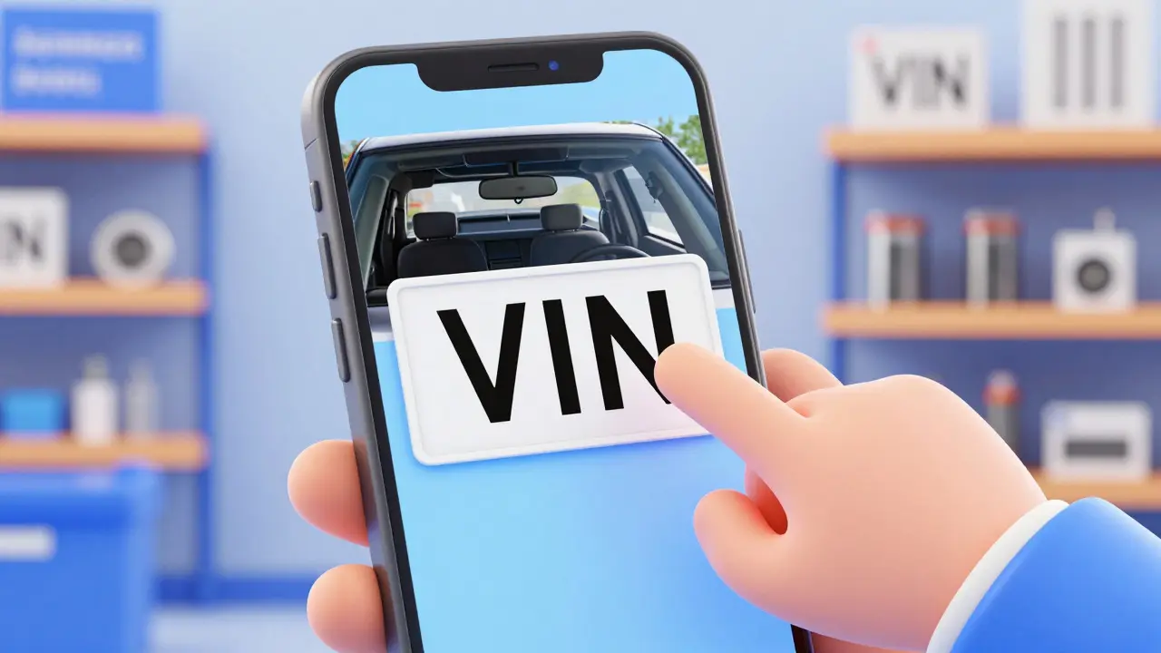 Фото VIN-кода на смартфоне для точного подбора запчастей в мультяшном стиле