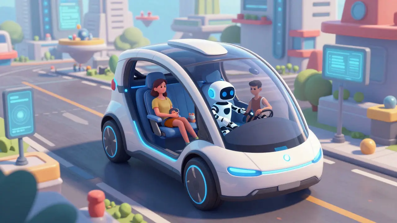 Беспилотный автомобиль с роботом-ассистентом в умном городе в стиле DreamWorks