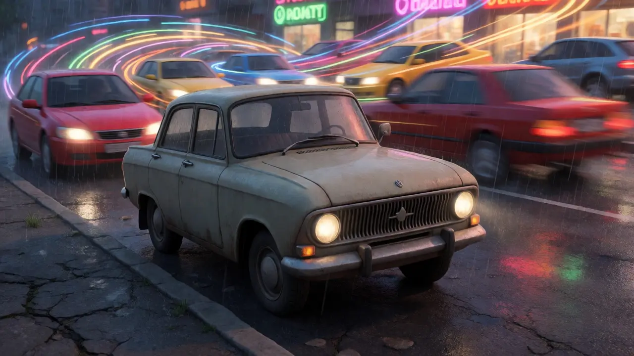 Грустный Москвич под дождем на фоне быстрых импортных авто