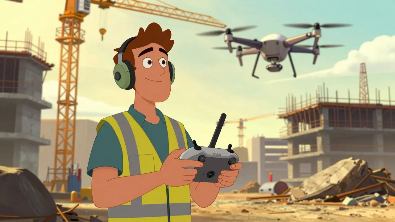 Иллюстрация оператора дрона на стройке в стиле DreamWorks с контроллером