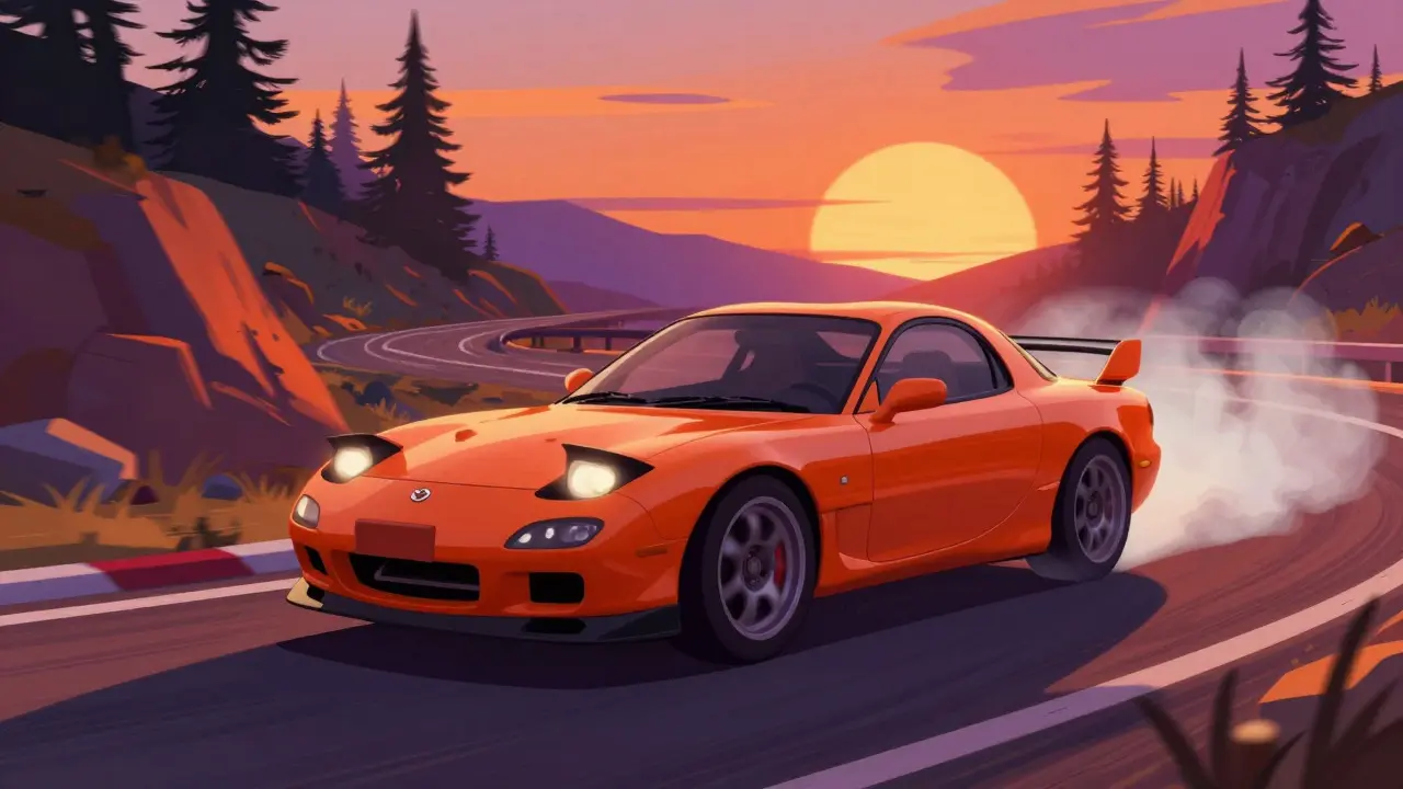 Mazda RX-7 заносит на горном повороте закатом в анимационном стиле