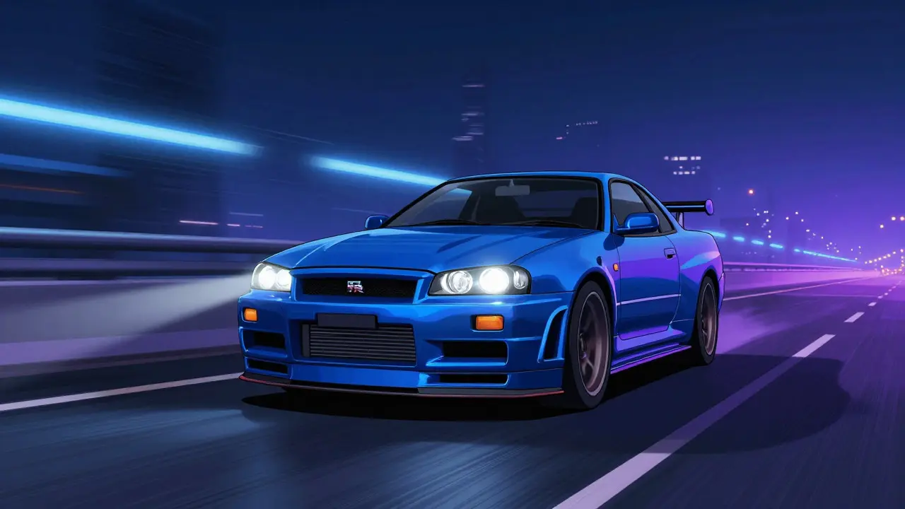 Nissan Skyline GT-R едет по ночному шоссе с неоновыми огнями в мультяшном стиле