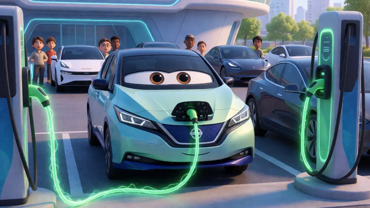 Электромобиль Nissan Leaf на зарядке в стиле мультфильма