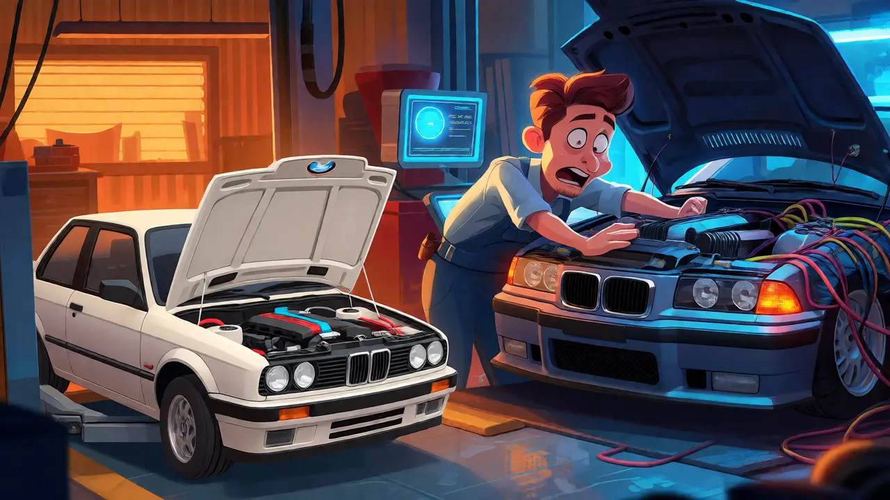 Механик в замешательстве с электроникой E36 на фоне простоты E30