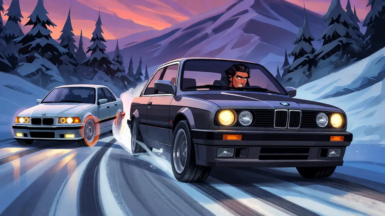 Зимний дрифт: маневренный E30 и стабильный E36 на снежной дороге