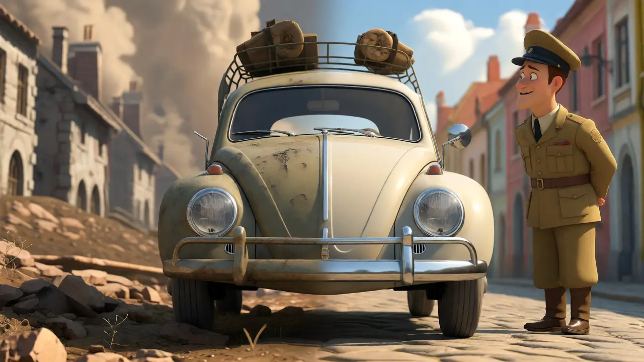 Анимированная сцена: VW Beetle трансформируется из военного грузовика в мирный автомобиль на фоне послевоенной Европы.